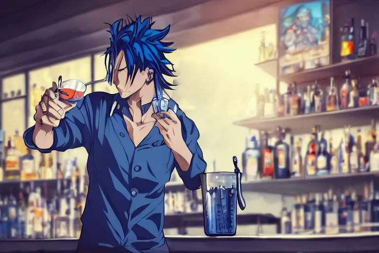 Image similar to anime portrait of a bartender guy with messy blue hair mixing drinks, trending on artstation, dynamic pose perspective, moody, detailed facial features, sharp focus, cel shaded