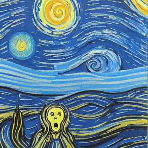 Prompt: painting of edvard munch's the scream, van gogh's the starry night in the background, detailed, stars, starry night