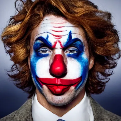 Prompt: UHD candid photo of Justin Trudeau, wearing extremely accurate clown makeup, accurate face, UHD, photorealistic, correct face, photo by Annie Leibowitz