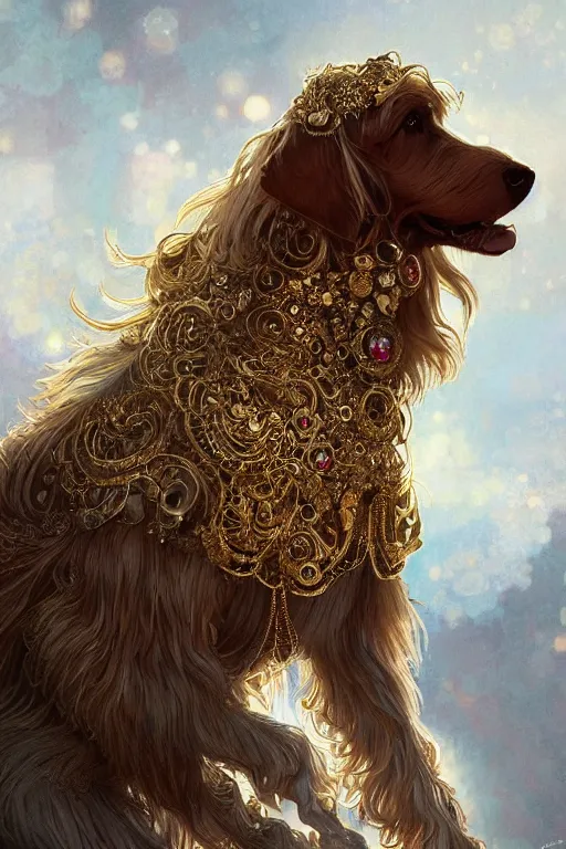 Image similar to a beautiful shaggy dog, gold jewellery, dnd, fantasy, intricate, elegant, highly detailed, digital painting, artstation, concept art, smooth, sharp focus, illustration, art by artgerm and greg rutkowski and alphonse mucha