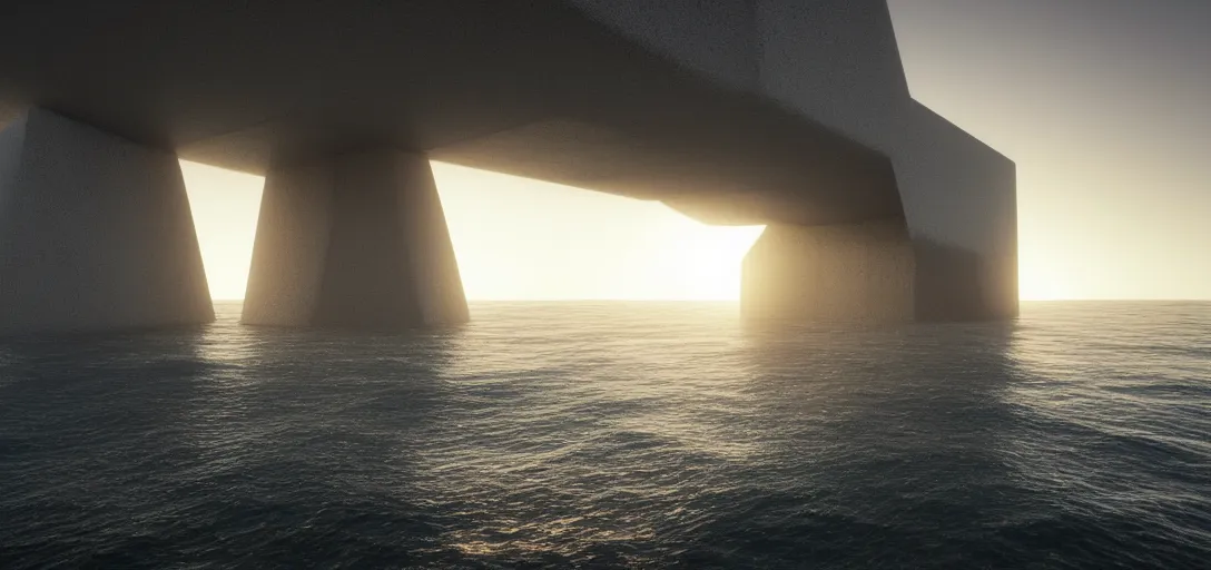 Prompt: view of sea, far away giant brutalist monolithic sea structure in the horizon, empty, clear skies, waves, reflections, refractions, caustics, dappled light, cinematic lighting, ultra detailed, sharp, ambient occlusion, raytracing, 3 d artstation render by greg rutowski, finnian macmanus and jessica rossier