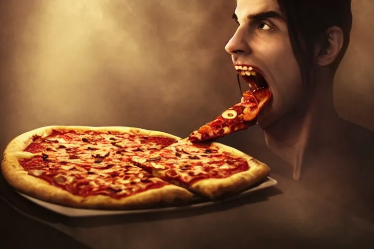 Prompt: A vampire eating a delicious pizza, studio portrait, dramatic lighting, trending on artstation