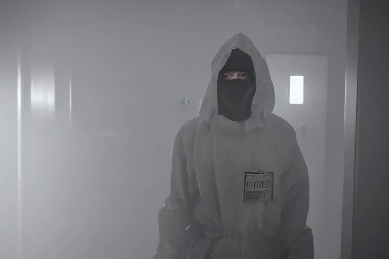 Prompt: a cinematic portrait of a prisoner dressed in a a black and white hazmat suit, in a small prison cell, dust storm, emergency exit, annie leibovitz and zack snyder, 8 k, hd, high resolution, 8 5 mm, f / 1. 8