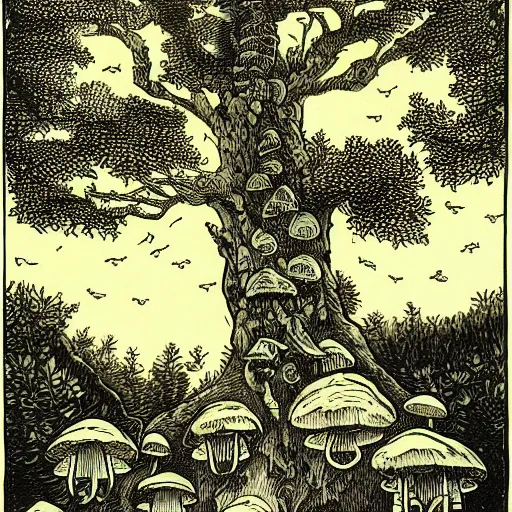 Image similar to 19th century wood-engraving , whole page illustration , art in the style of Terry Moore, a tiny village carved into the side of a tree, inhabited by elves and faeries, the outside lights are bioluminescent mushrooms and fungi intricately detailed