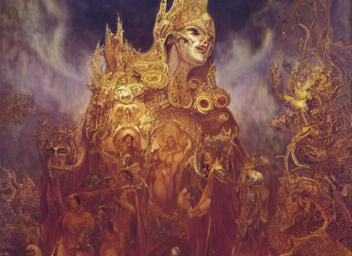 Image similar to worship of the pope, royal robe, gold trim, demons, mysticism, light effect, hyper detailed, intricate, atmospheric, elegant, photorealistic by zdzisław beksinski, iris van herpen, raymond swanland, craig mullins and alphonse mucha. hyper - real