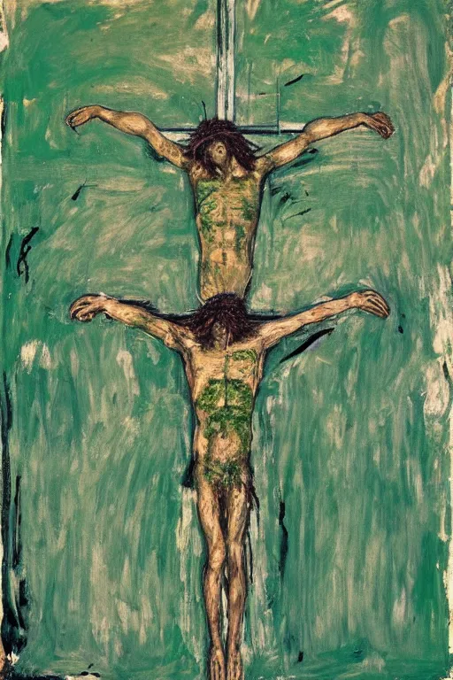 Prompt: green jesus christ crucified painted by cy twombly and basquiat