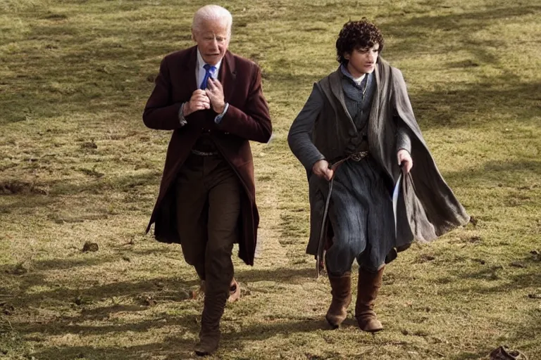 Image similar to joe biden and frodo taking the ring, movie still, from the movie lord of the ring, 8 k, hd