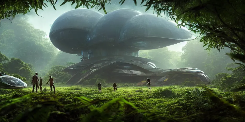 Prompt: a huge futuristic rusty old alien spaceship, next to it a smaller exploration ship on a landing pad, surrounded by a lush alen jungle, in the foreground two explorers are arguing next to tiny animals!!, the animals are walking around, dawn, volumetric light, hyperdetailed, artstation, cgsociety, 8k