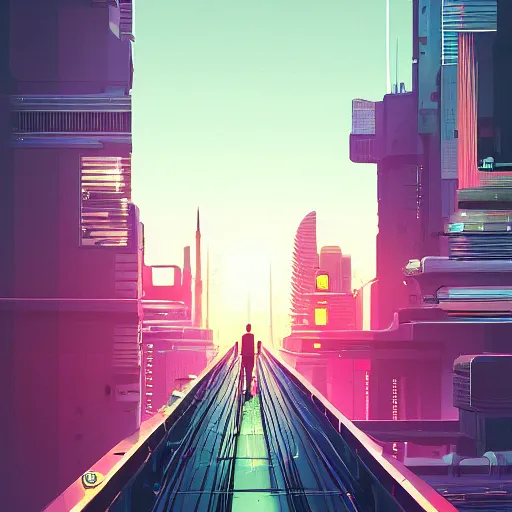 Image similar to a man standing on top of a bridge over a city, cyberpunk art by james gilleard, cgsociety, retrofuturism, synthwave, cityscape, 2 d game art