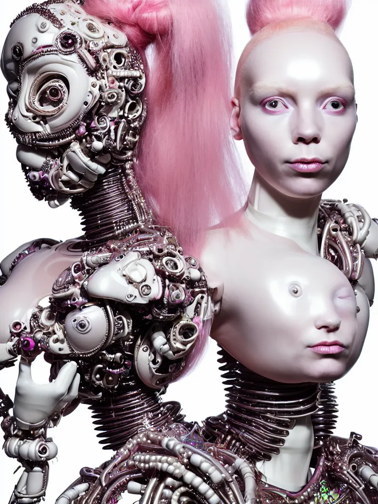 Image similar to portrait of a biomechanical goddess wearing a big pearl studded iridescent beauty mask and pink hair buns, wearing a black bodysuit by alexander mcqueen, cream white background, soft diffused light, biotechnology, humanoid robot, perfectly symmetric, bjork aesthetic, translucent, by rineke dijkstra, intricate details, highly detailed, masterpiece,