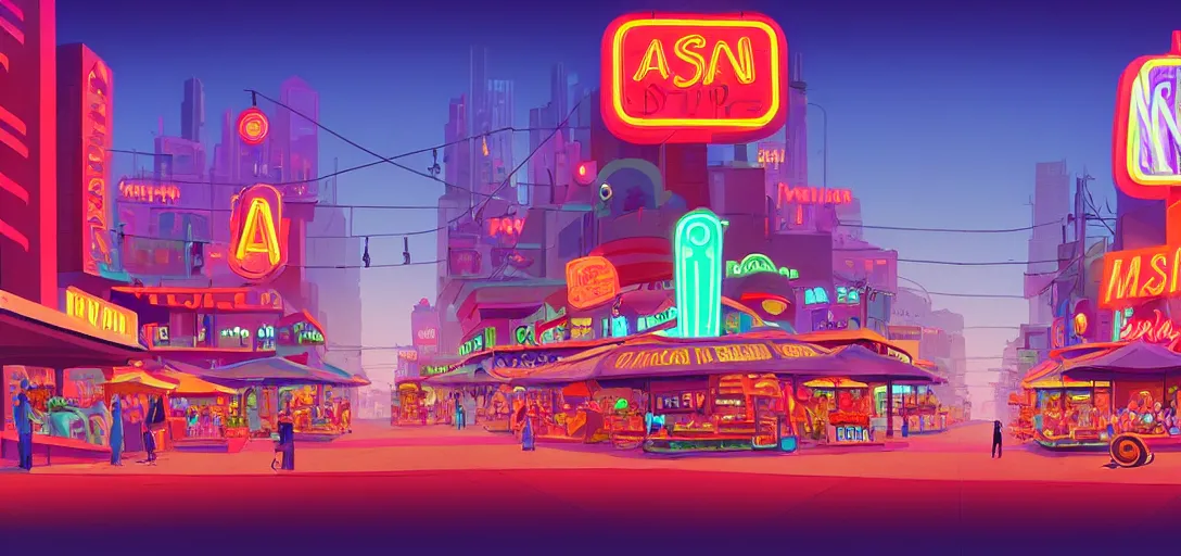Image similar to futuristic main street los angeles cityscape with markets and shops and neon signs and terraces, visual development by lou romano, daylight, pixar, dynamic lighting, octane