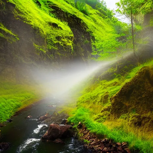 Image similar to stream running through a valley, very high steep mountains, fog, mist, god rays, fantasy, epic