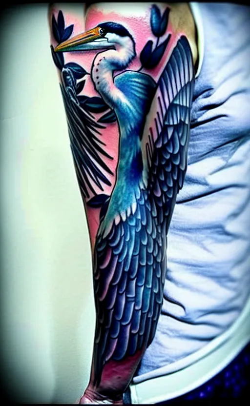 Prompt: arm with heron tatto, facebook photo, tatoo