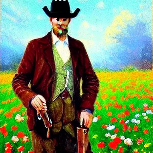 Image similar to an impressionist painting of a tall man with blue eyes and brown hair that is wearing a wide brim leather hat and a leather vest. He is holding a revolver in his left hand and a ((((red rose is in his right hand))))!!!!!!!!!!!, He is standing in a field of roses, Blue sky in the background, trending on artstation