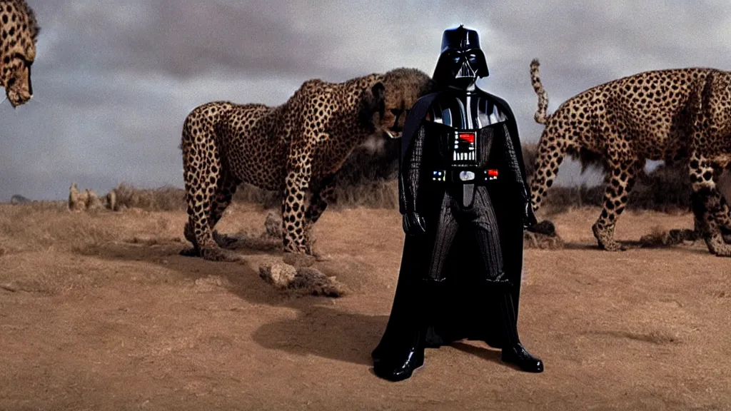 Prompt: Darth Vader wearing a cheetah print, film still from the movie directed by Denis Villeneuve with art direction by Salvador Dalí, wide lens