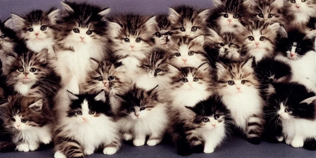 Prompt: 1980s magazine photo of a room full of fluffy kittens playing