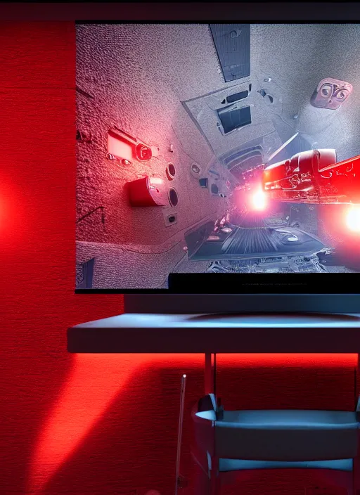 Image similar to photorealism of monitor on the wall of a room of a spacecraft with user interface display, red tones, biomechanical, ads concert rock, advertising rock concert, rock festival concert announcement high resolution, hyper realistic sci fi realistic, octane render, hyper realistic, ambient lighting, blade runner film style, canon eos ef 5 0 mm.