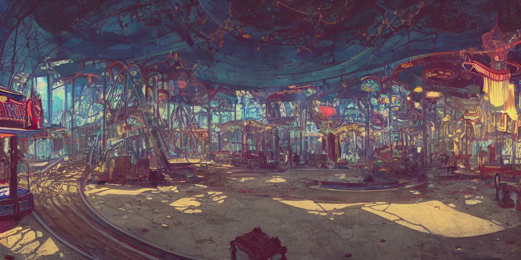 Image similar to abandoned amusement park interior overview mapa design, Moebius, Greg Rutkowski, Zabrocki, Karlkka, Jayison Devadas, Phuoc Quan, trending on Artstation, 8K, ultra wide angle, pincushion lens effect.