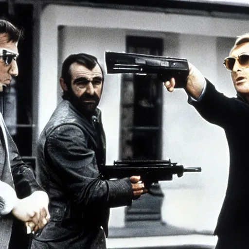 Image similar to john lennon pointing a gun at sean connery, james bond, film still