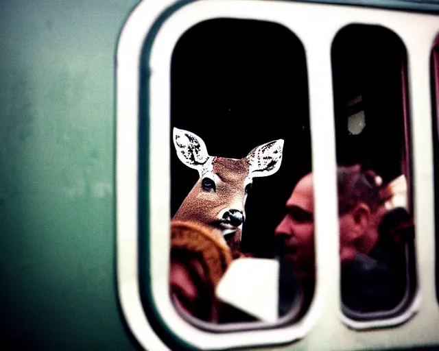 Image similar to a lomography photo of rumble between two human with deer head in soviet train this morning, bokeh,