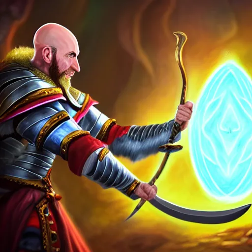 Image similar to a bald asmongold as a sorcerer casting spells with his staff, fighting with ludwig dressed as a knight, hyper realistic, hyper detailed, fantasy, easter colors, digital art