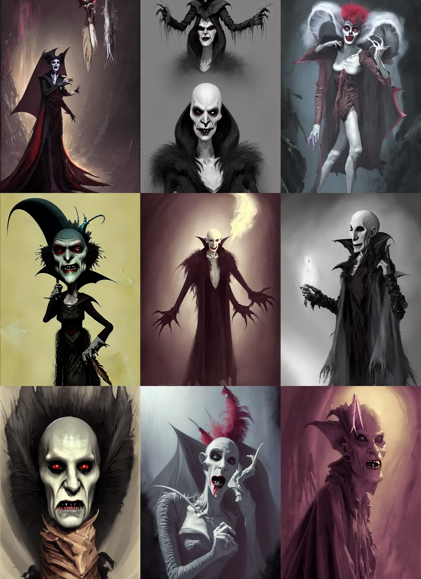 Prompt: dnd character concept art by craig mullins and tom bagshaw of nosferatu undead vampire flapper nosferatu old aged run down drag queen. ancient, old. bad wig, ruined makeup, feather boa. singing, mysterious, theater, stage, spotlights, smoke, darkness, shadows, fantasy.