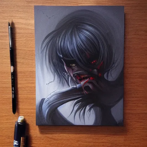 Prompt: a beautiful painting of a single book bleeding ink onto a wooden desk by artgerm, trending on artstation, concept art, horror themed