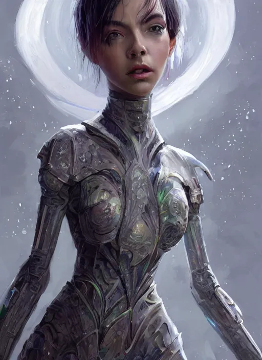 Image similar to a professional painting of a beautiful young female alien, clothed in ethereal armor, olive skin, long dark hair, beautiful bone structure, symmetrical facial features, intricate, elegant, digital painting, concept art, smooth, sharp focus, illustration, from Valerian and the City of a Thousand Planets, by Ruan Jia and Mandy Jurgens and Artgerm and William-Adolphe Bouguerea