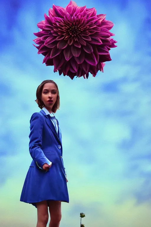 Image similar to closeup giant dahlia flower head, girl in a suit on a street, surreal photography, blue sky, sunrise, dramatic light, impressionist painting, digital painting, artstation, simon stalenhag