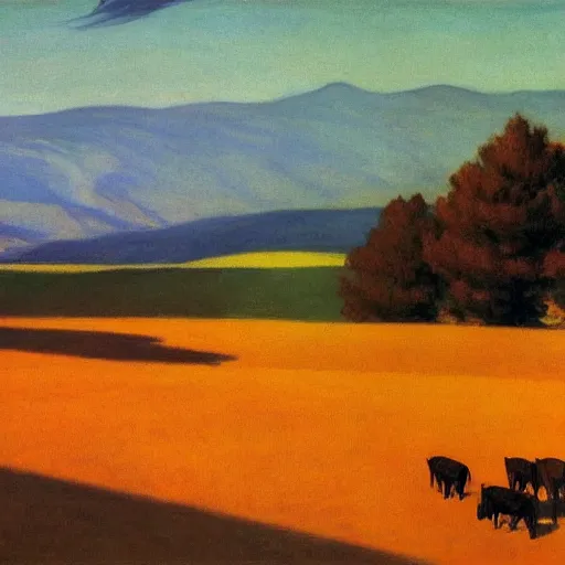 Prompt: a lone rancher desperately trying to corral a huge herd of cattle that are scattering, a beautiful landscape at sunset, by Edward Hopper