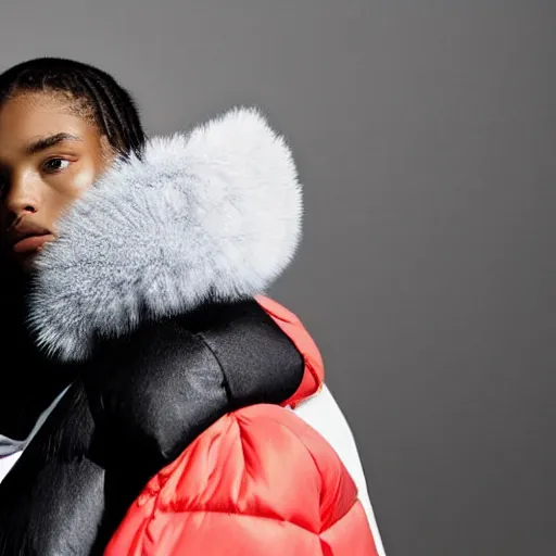 Image similar to realistic photoshooting for a new balenciaga lookbook color film photography close up portrait of a beautiful woman model, model wears a puffer jacket, photo in style of tyler mitchell, ssense