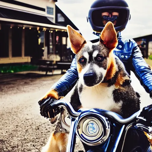 Image similar to blue heeler dog on a motorcycle, 8 k photography, blurred background of a wafflehouse