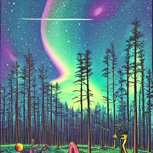 Prompt: psychedelic, trippy, northern lights, pine forest, planets, milky way, cartoon by rob gonsalves