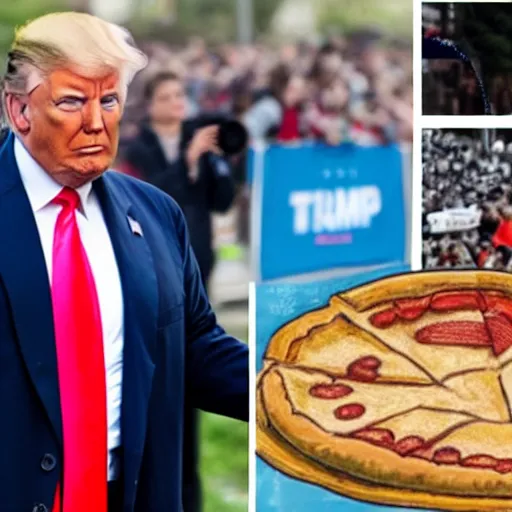 Prompt: Donald Trump running in a marathon while eating a fat slice of pizza, photorealistic