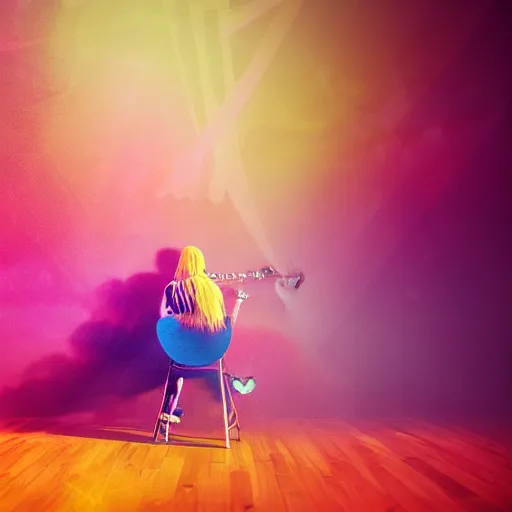 Prompt: woman with rainbow coloured hair playing guitar at the edge of reality, concept art, high quality, moody, colourful