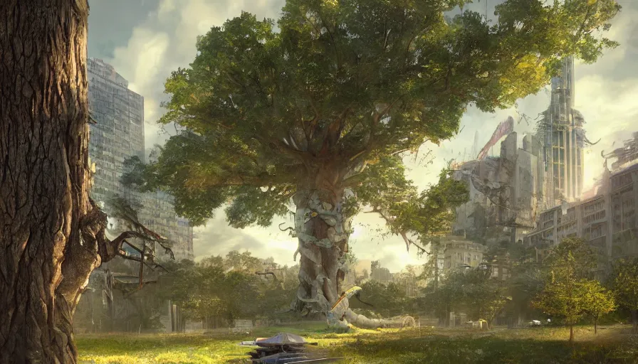 Image similar to ben lo illustration of colossal ash tree, bioshock concept art, solarpunk, colorful, unreal engine, hyper realism, realistic shading, cinematic composition, realistic render, octane render, detailed textures, photorealistic, wide shot