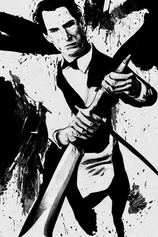 Image similar to black and white illustration of Patrick Bateman holding a big knife, neo noir style, Frank Miller creative design, body horror