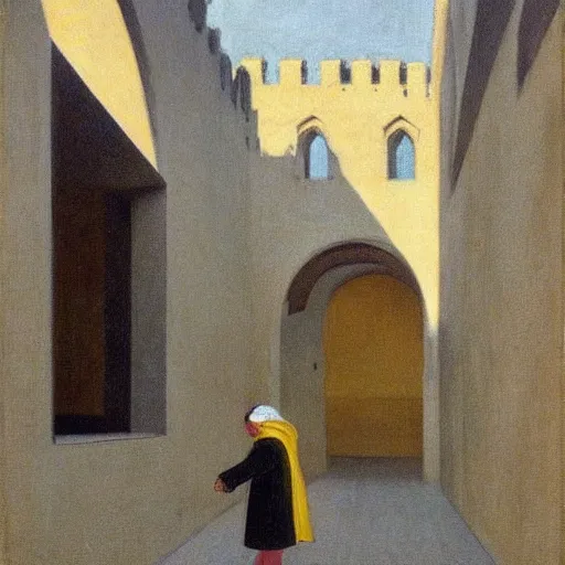 Image similar to in the distance, a little girl with short black hair and wearing a yellow coat alone in the inner courtyard of a cloister in an abbey, the light is bright and wintry, painting by hopper and de chirico