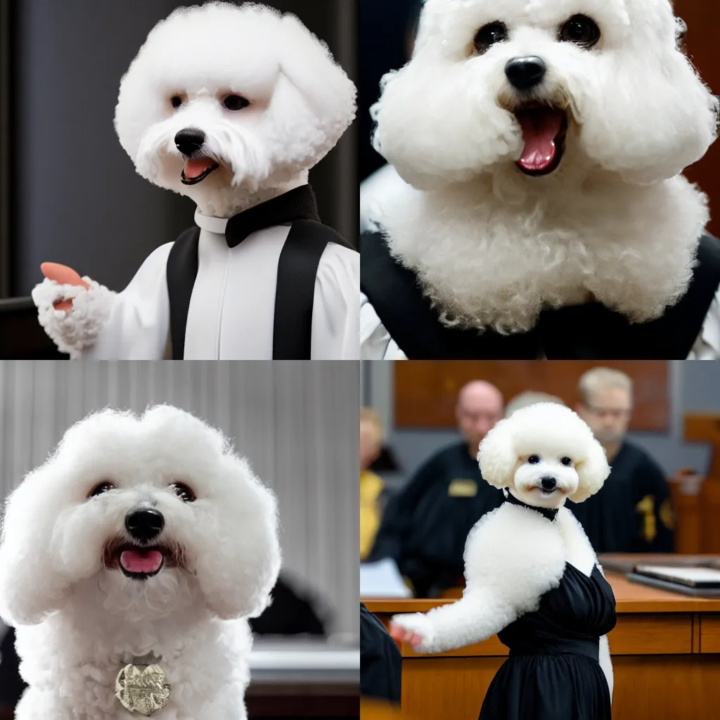 Image similar to a closeup photorealistic photograph of a cute smiling white bichon frise judge wearing a black gown and speaking to the courtroom. this 4 k hd image is trending on artstation, featured on behance, well - rendered, extra crisp, features intricate detail, epic composition and the style of unreal engine.