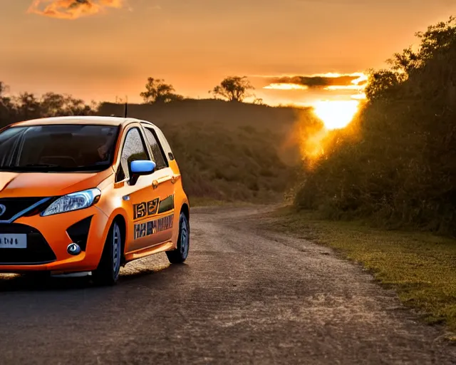 Image similar to border collie dog driving an orange nissan note, rally driving photo, award winning photo, golden hour