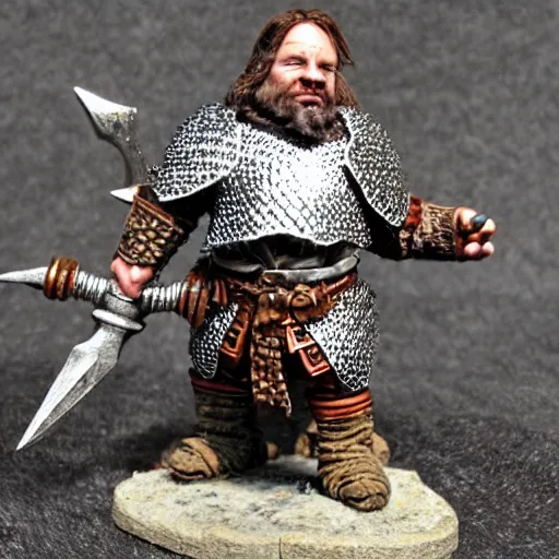 Image similar to dwarf fighter wearing chainmail armor holding a large warhammer