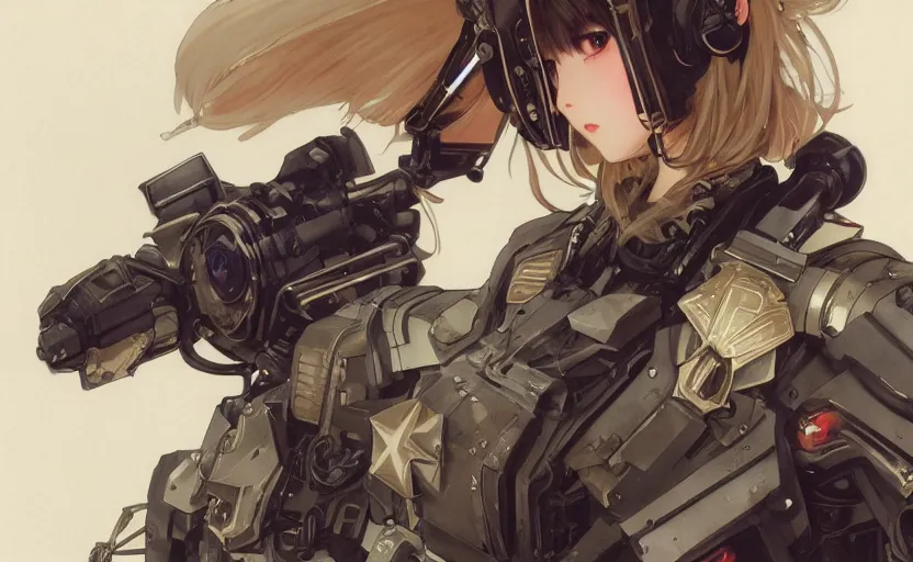 Prompt: mechanized valkyrie girl, anime style, airforce gear, vintage clothing, spreading wings, short hair, hair down, symmetrical facial features, from arknights, hyper realistic, 4 k, rule of thirds, extreme detail, detailed drawing, trending artstation, hd, d & d, realistic lighting, by alphonse mucha, greg rutkowski