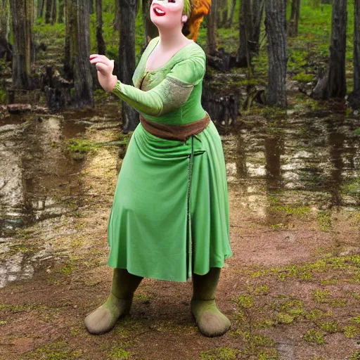 Image similar to Fiona from Shrek, dancing in a mediaeval dress in a swamp