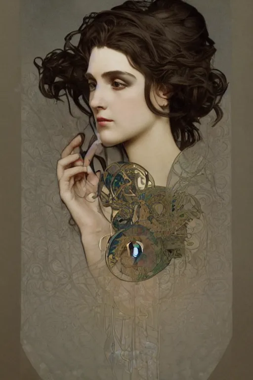 Prompt: an esoteric woman, blending into dust with a beautiful face!!! cinematic lightning, isolated, studio lighting by alphonse mucha and tom bagshaw