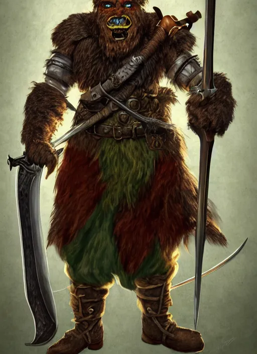 Image similar to strong young man, photorealistic bugbear ranger holding a flaming sword, black beard, dungeons and dragons, pathfinder, roleplaying game art, hunters gear, jeweled ornate leather and steel armour, concept art, character design on white background, by alan lee, norman rockwell, makoto shinkai, kim jung giu, poster art, colours red and green