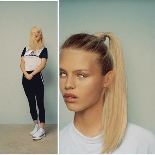 Image similar to realistic photoshooting for a new nike lookbook, color film photography, portrait of a beautiful blonde woman, in style of Davey Adesida, 35mm, film photo