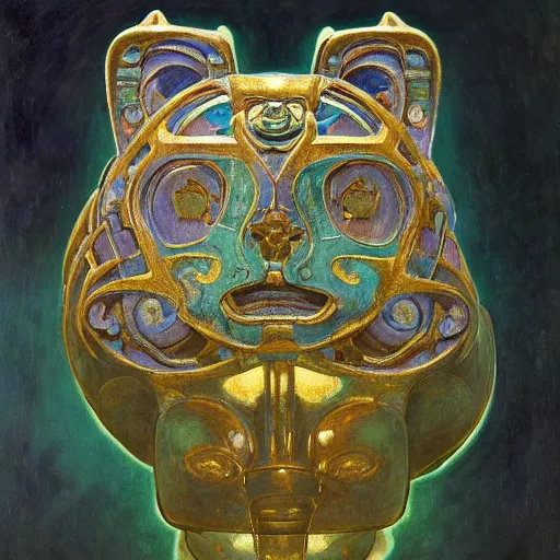 Image similar to beautiful ornate mechanical robot cat head, by annie swynnerton and diego rivera and nicholas roerich and jean delville, symbolist, dramatic lighting, god rays, elaborate geometric ornament, art brut, colors are soft greens and blues and purple, smooth, sharp focus, extremely detailed, adolf wolfli and ( donato giancola )