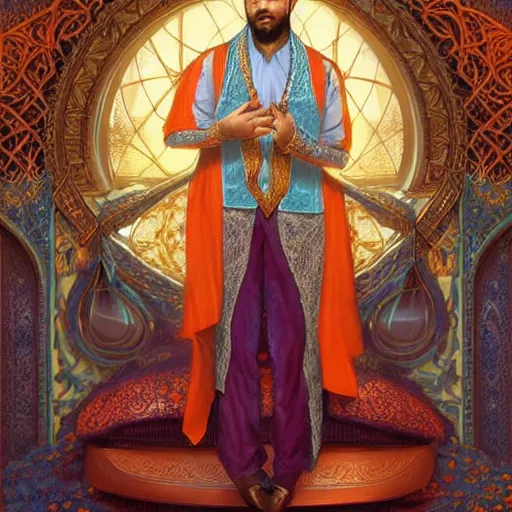 Prompt: portrait of magical muslim man, dreamy and ethereal, expressive pose, big blue eyes, peaceful expression, ornate outfit, fantasy, intricate, elegant, many stars, teal and orange tones, highly detailed, digital painting, artstation, concept art, smooth, sharp focus, illustration, art by artgerm and greg rutkowski and alphonse mucha