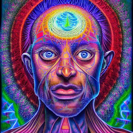 Image similar to realistic detailed image of the human consciousness contained in a vessel that is a vast holographic universal mind by Alex Grey, Terence McKenna, and Adam Jones, Psychedelic, sacred geometry, rich deep colors. Alex Grey Painting, part by Cameron Grey. masterpeice