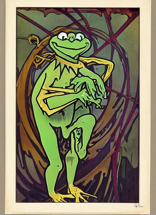 Prompt: handsome kermit the frog muscular full body portrait alphonse mucha outsider art